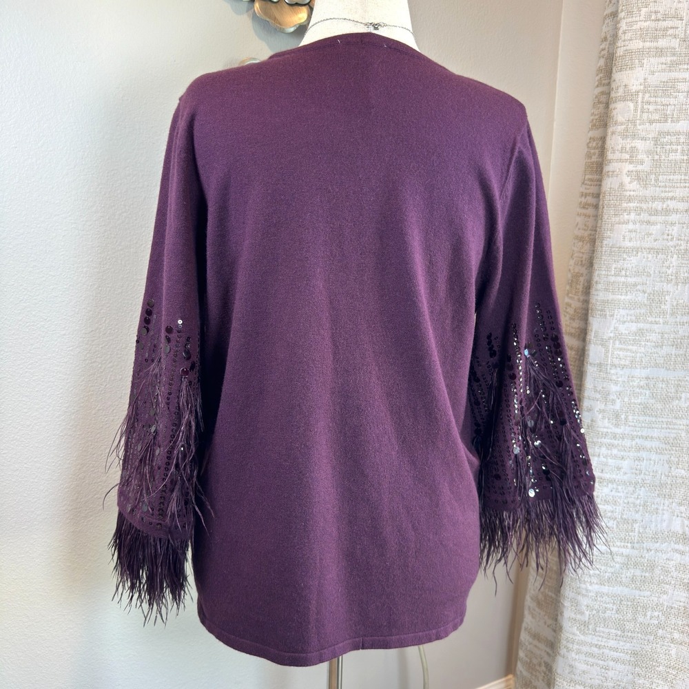 CHICO'S Feather Sequin Pullover Sweater XL Cashmere Blend Plum Statement Top - Picture 4 of 9
